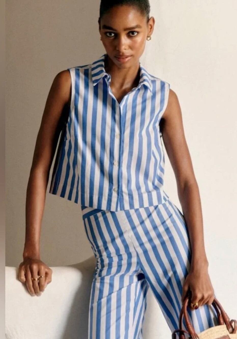 Sezane Harmonie Sleeveless Button-Up Top Poplin Cotton Stripe Size 36 (US 4)